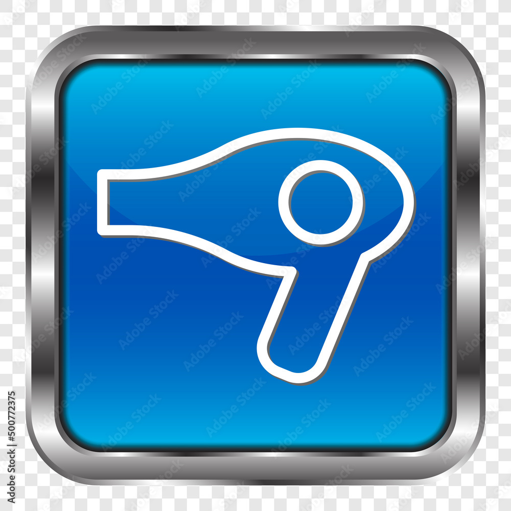 Hair dryer simple icon. Flat design. Metal, blue square button. Transparent grid.ai Hair dryer simple icon. Flat design. Metal, blue square button. Transparent grid.ai