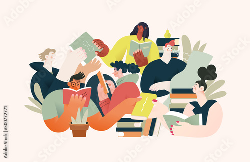 Books graphics -book week events. Modern flat vector concept illustrations of reading people - a group of men and women reading and sharing books and e-books on tablets sitting surrounded by plants