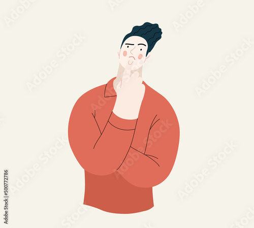 People portrait - Thinking people -Modern flat vector concept illustration of a young man thinking about something, half-length portrait, user avatar. Creative landing web page illustartion