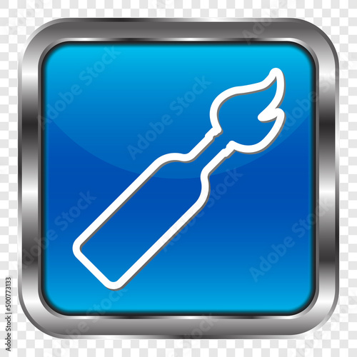 Molotov cocktail simple icon. Flat design. Metal, blue square button. Transparent grid.ai