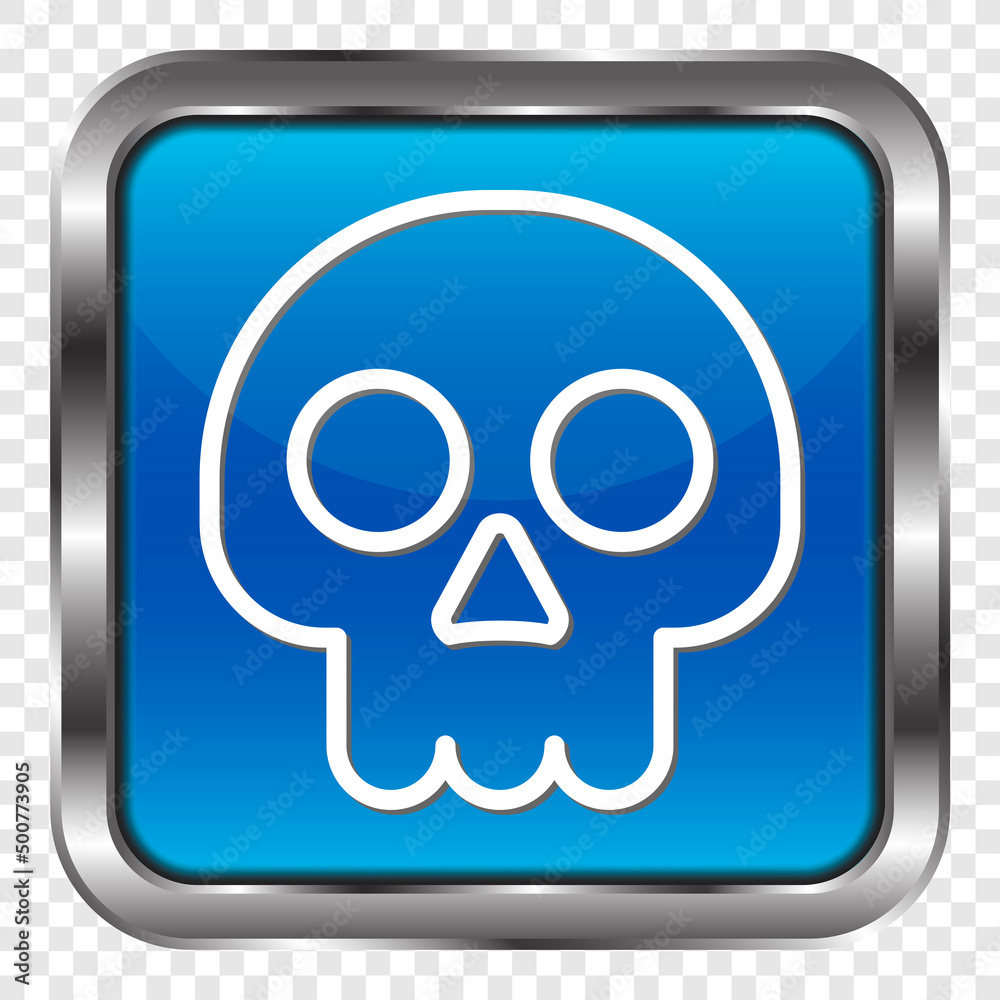 Skull simple icon. Flat design. Metal, blue square button. Transparent grid.ai Skull simple icon. Flat design. Metal, blue square button. Transparent grid.ai