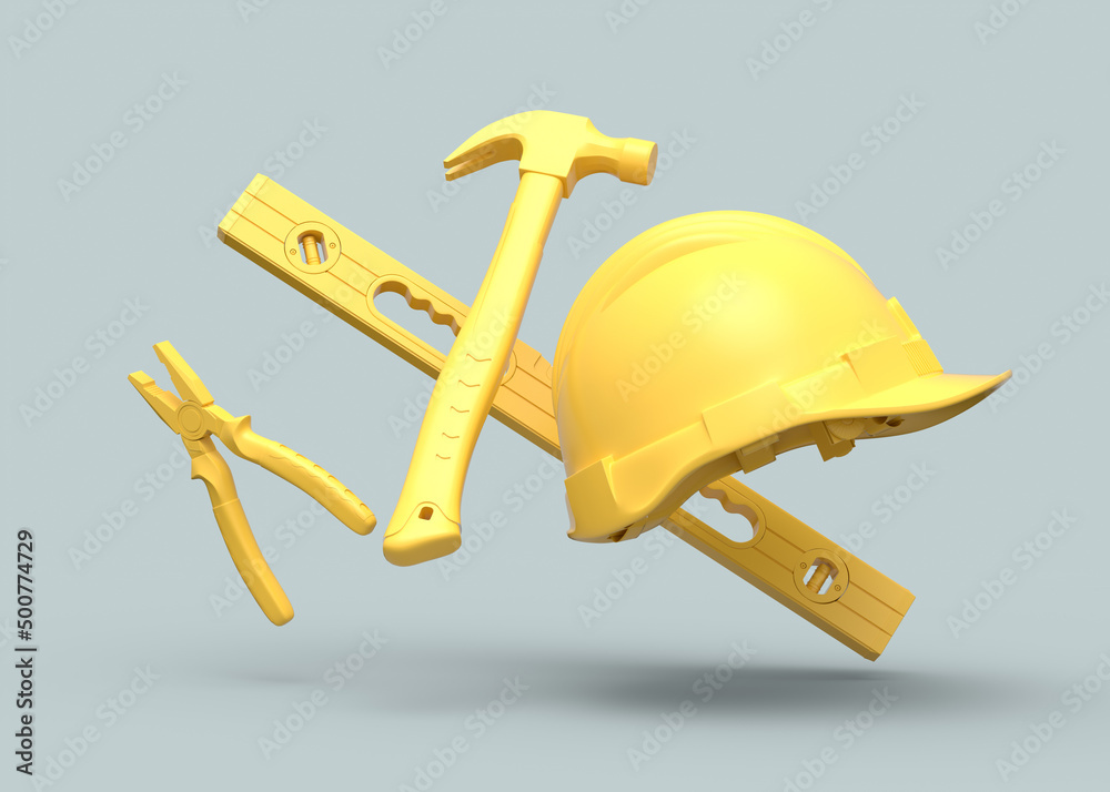 Flying view of yellow construction tools for repair on grey background Flying view of yellow construction tools for repair on grey background
