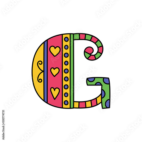 Colorful doodle letter G. Hand drawn line ABC. Sketch alphabet. Kids illustration