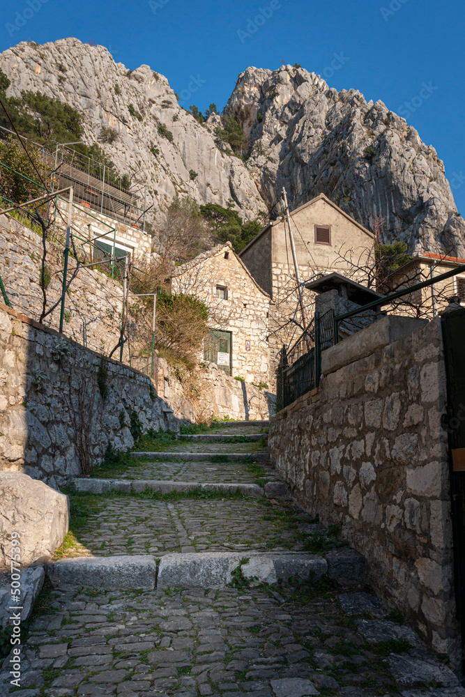 Cobblestone steps in the old town of Omis, Croatia