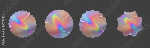 Holographic rainbow foil sticker realistic mockups with texture and folds. Authenticity metal emblem or official holography label. Vector guarantee certification metallic icon. Quality badge template
