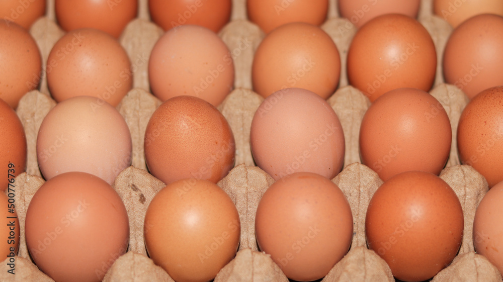 Brown eggs in an egg box - Chicken eggs in box