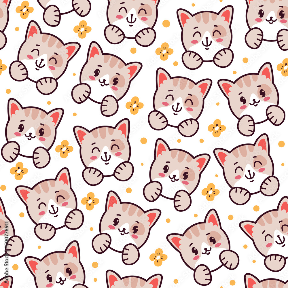 Kawaii cat head muzzle character seamless repeat pattern concept. Vector flat graphic design illustration