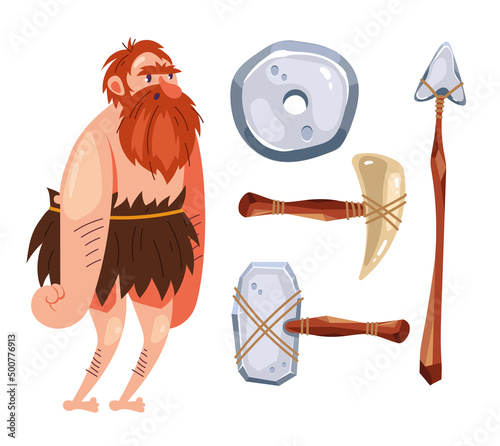 Caveman character with his personal weapon tools concept. Vector flat graphic design illustration