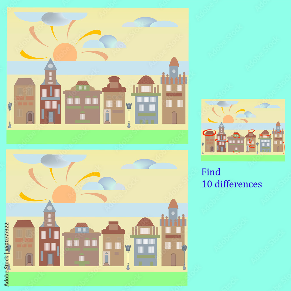 rebus for children under 6 years old find 10 differences in houses