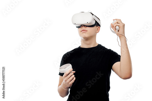 portrait of asian man wearing virtual reality goggle.