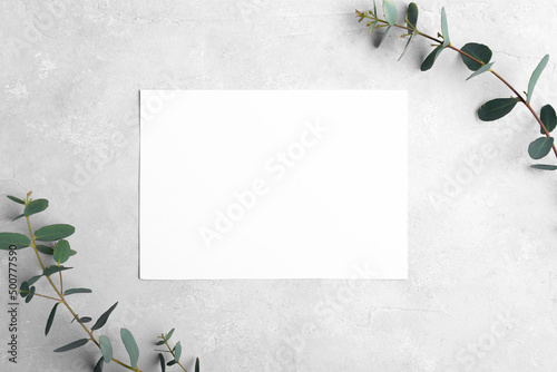 Wedding stationery invitation card mockup 7x5 on neutral grey stone background with eucalyptus leaves, natural lighting, bridal shower mockup Minimal blank card mockup, thank you card, greeting card photo