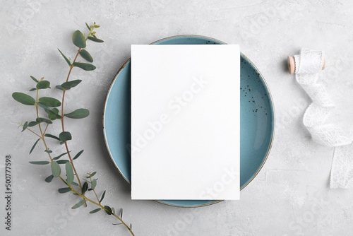 Wedding stationery invitation card mockup 5x7 on grey background with eucalyptus, Menu card mockup with table setting
