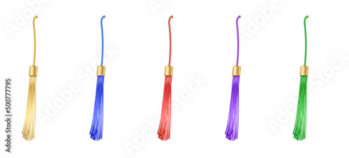 Tassel. Vector fringe or handbag accessory, graduate hat isolated on white background. Multicolor 3d rope with tassel, hanging window curtain decoration element design