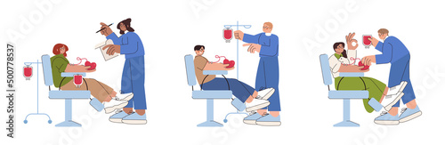 Flat volunteer characters sitting in medical hospital chairs donating blood. Lab nurses and donors people on transfusion procedure. Healthcare donation. World donor day or health charity concept.