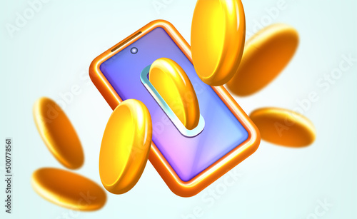 Cashback or refund money service 3d vector illustration. Mobile phone screen with flying gold coins. Cash bonus back from e-commerce purchase, online payment. Financial savings or income concept.