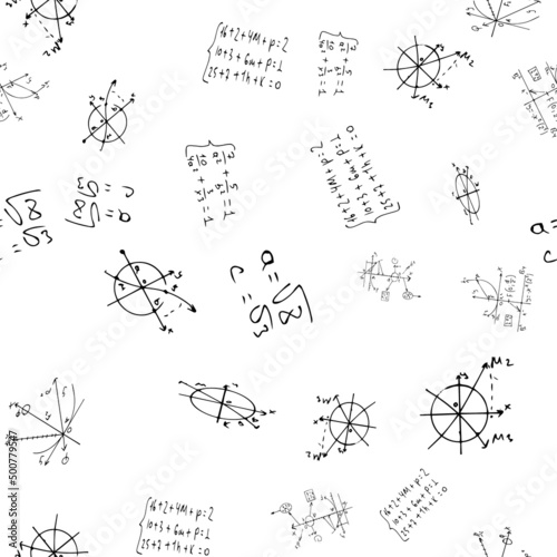 Mathematical, scientific formulas and expressions. Educational, vector seamless pattern. hand-drawn white background.