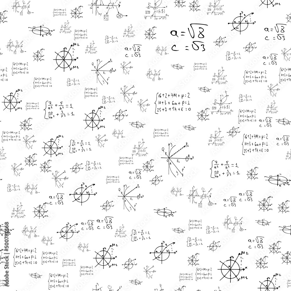 Mathematical, scientific formulas and expressions. Educational, vector seamless pattern. hand-drawn white background.