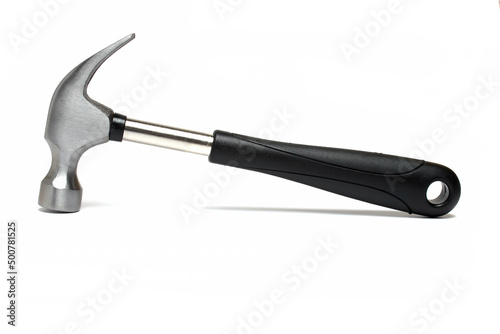 Closeup claw hammer rubber handle white background