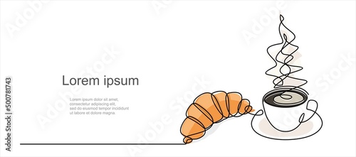 Croissant and coffee drawn in one line style. Breakfast theme with linear pastry and coffee for logo and posters, simple sketch design. Vector illustration isolated on white background