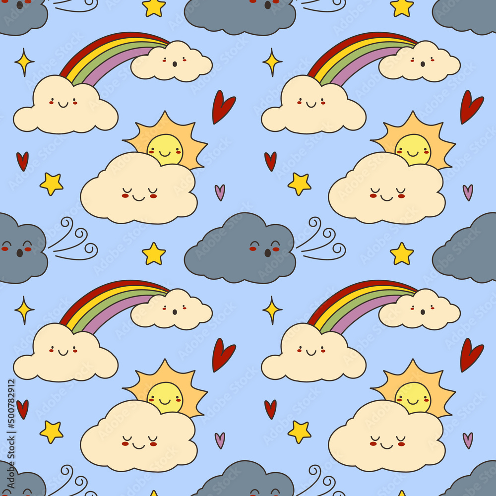 Fototapeta premium Vector hand-drawn color seamless childish simple pattern for kids with cute clouds and stars in Scandinavian style on a blue background. Baby pattern with clouds. Fabric design. Wallpaper. EPS