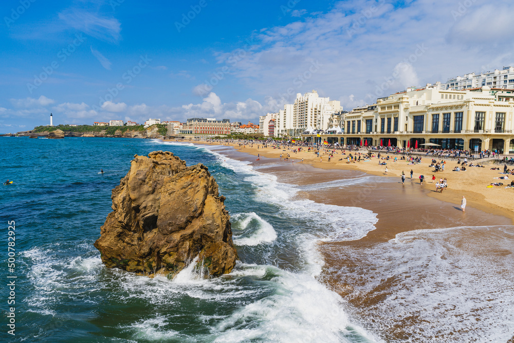 Biarritz, France, April 18, 2022.La Grande Plage, beach in the city of Biarritz, on the Atlantic coast of France - obrazy, fototapety, plakaty 