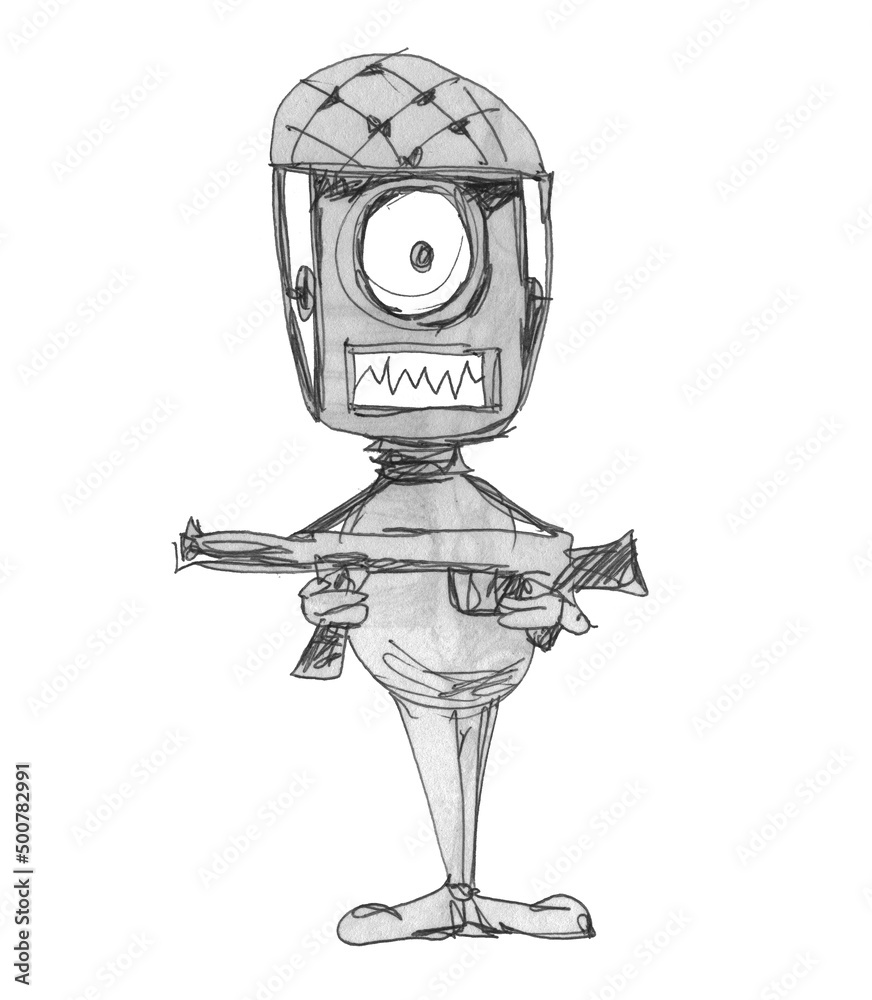 Robot soldier with a machine gun in his hands and a helmet on his head