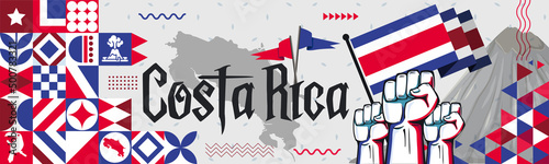 Costa Rica National day banner with abstract shapes. Costa Rican flag and map. Red blue triangles scheme with raised hands or fists. Arenal volcano landmark. Vector Illustration photo