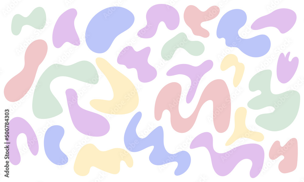 Collection of abstract and organic shapes, spots, blots, patterns, wavy and rounded. Colorful pastel irregular blobs. Design elements 