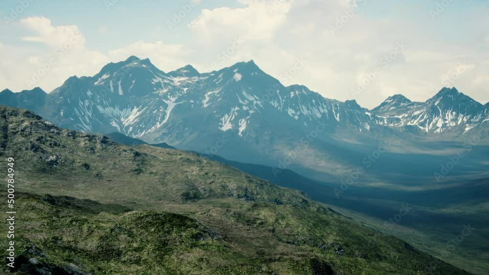 sunny landscape with views of snow-capped mountains and meadow sunny landscape with views of snow-capped mountains and meadow