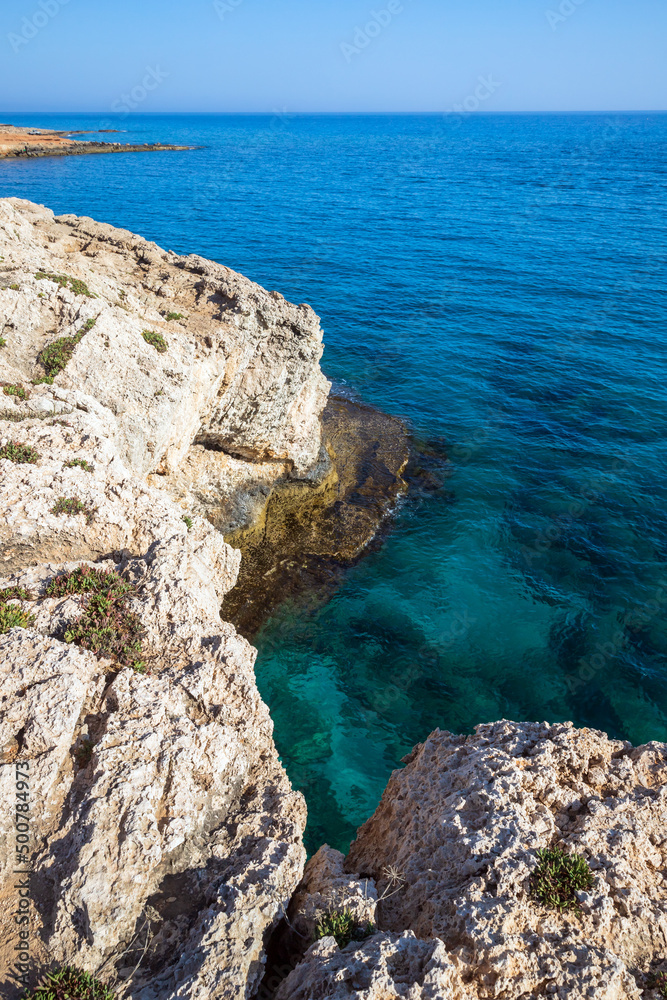 Rocky sea coast. Ayia Napa resort town, landscape of Cyprus