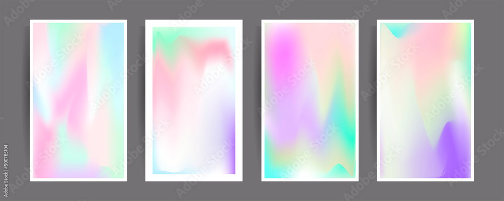 Gradient mesh cover set of backgrounds texture foil pearl shades. Abstract stylish gradient with holographic foil. 90s, 80s retro style	
