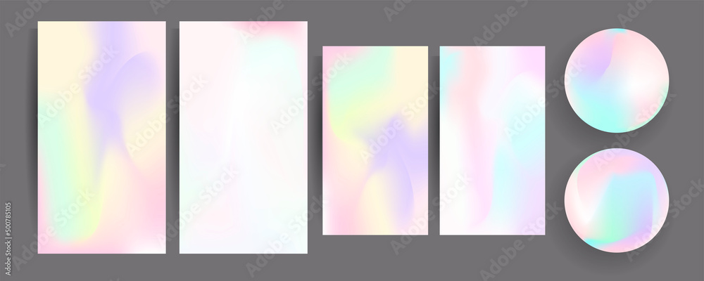 Gradient mesh cover set of backgrounds texture foil pearl shades. Abstract stylish gradient with holographic foil. 90s, 80s retro style	
