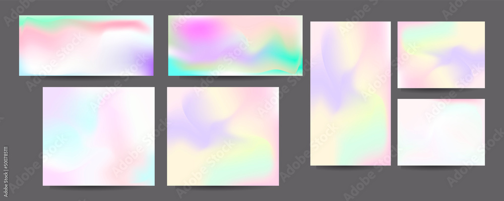 Gradient mesh cover set of backgrounds texture foil pearl shades. Abstract stylish gradient with holographic foil. 90s, 80s retro style	
