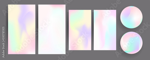 Gradient mesh cover set of backgrounds texture foil pearl shades. Abstract stylish gradient with holographic foil. 90s, 80s retro style	
