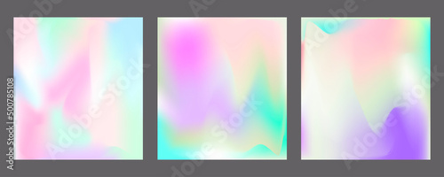 Gradient mesh cover set of backgrounds texture foil pearl shades. Abstract stylish gradient with holographic foil. 90s, 80s retro style	
