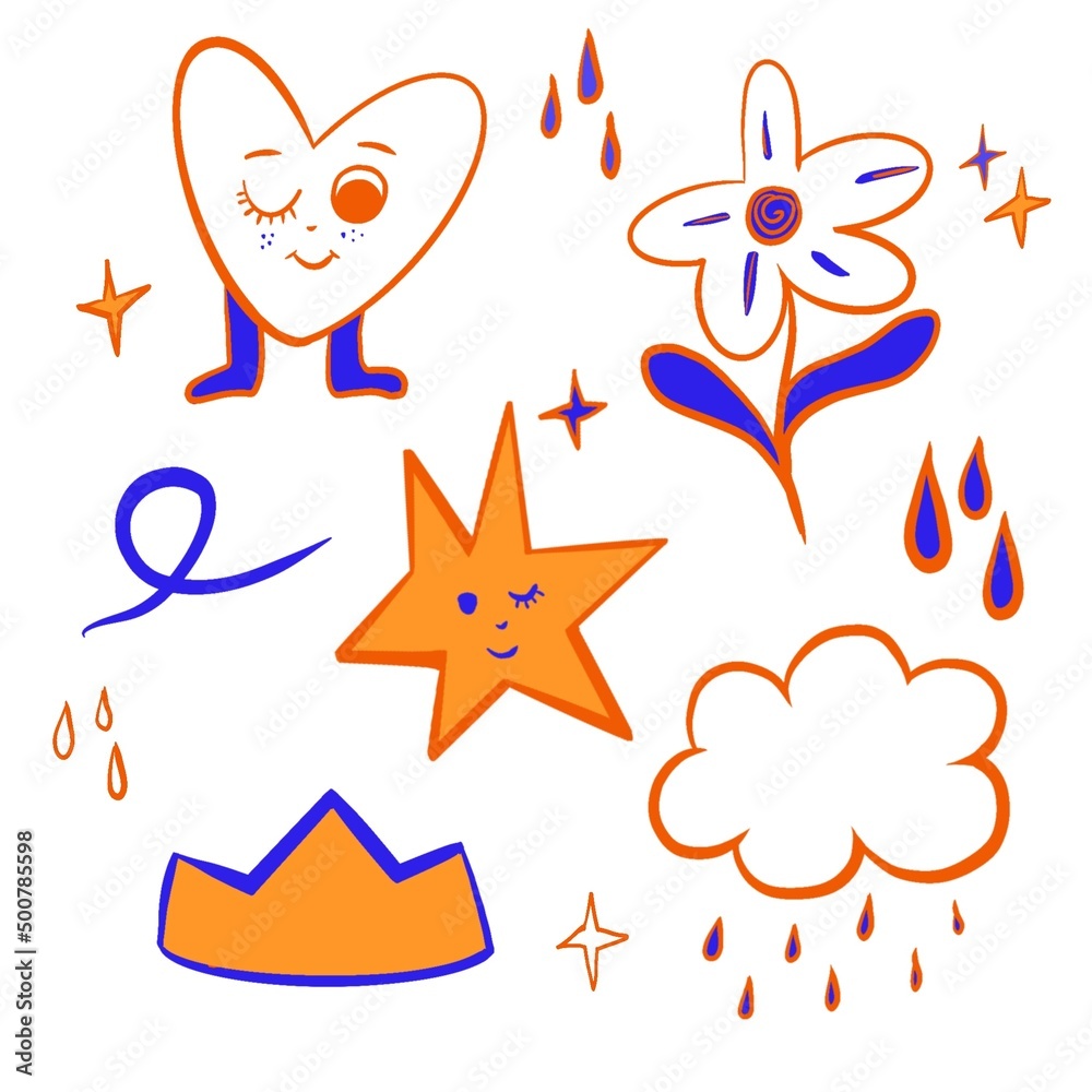 Collection of crazy Abstract comic characters elements and shapes. Bright colors Cartoon style. Vector Illustration