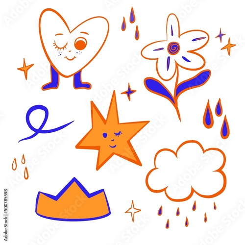 Collection of crazy Abstract comic characters elements and shapes. Bright colors Cartoon style. Vector Illustration