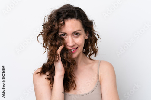 Young caucasian woman isolated on white background . Close up portrait