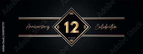 12 years anniversary golden color with decorative frame isolated on black background for anniversary celebration event, birthday party, brochure, greeting card. 12 Year Anniversary Template Design