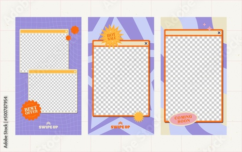 Retro Trendy Promotion social media. 90s 80s 70s. Set of abstract vintage stories template. New Arrival. Bonus. Sale. Best offer. Coming soon. Shopping stickers pack or icons collection. Vector 