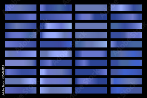 Metalic gradient collection with shiny blue hologram. Holographic foil texture, purple, violet gradation. Vector set for frame, ribbon, border, other design