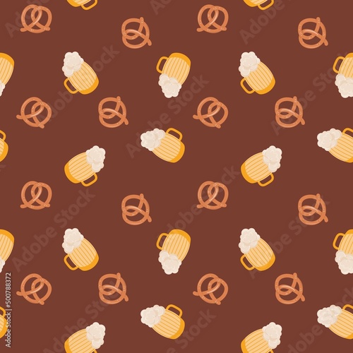 Pretzels and beer seamless pattern. Background with pretzels and beer. For textile, wrapping paper, packaging. Vector pattern.