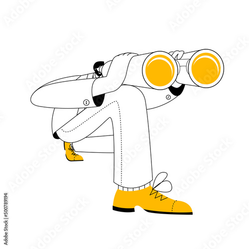 A man in a business suit with binoculars looks intently into the distance. The concept of vector illustration on the topic of Internet search and data analysis.