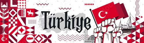 Flag and map of Turkey or Türkiye with raised fists. National Republic day or Independence day design for Turkish celebration. Modern retro red abstract icons. Vector illustration of Ataturk ship.