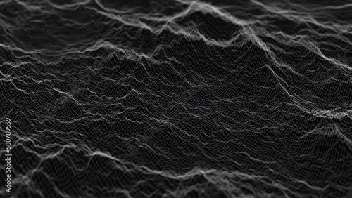 Flowing smooth Plexus terrain waves background. Grid, mesh of dots and lines. Big data connection. Seamless loop animation