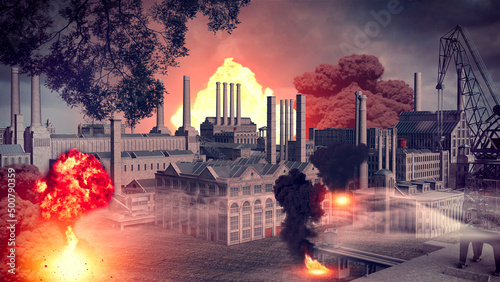 Azovstal steel plant in Mariupol, Ukraine. Smoke and explosion. The plant, where Ukrainian defenders are holding out is one of the largest world-known metallurgical companies. 3d rendering photo