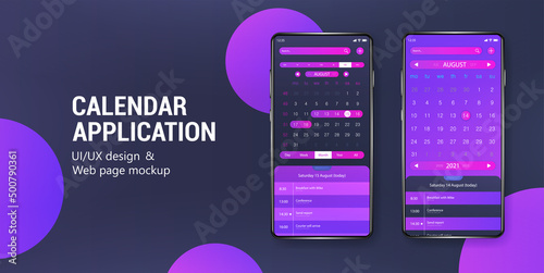 Calendar Mobile App Mockup with gradient colors on 3D smartphone. Modern App calendar with planner, reminder, checklist, agenda. Dashboard with UI and various adjustments and filters. Vector planner