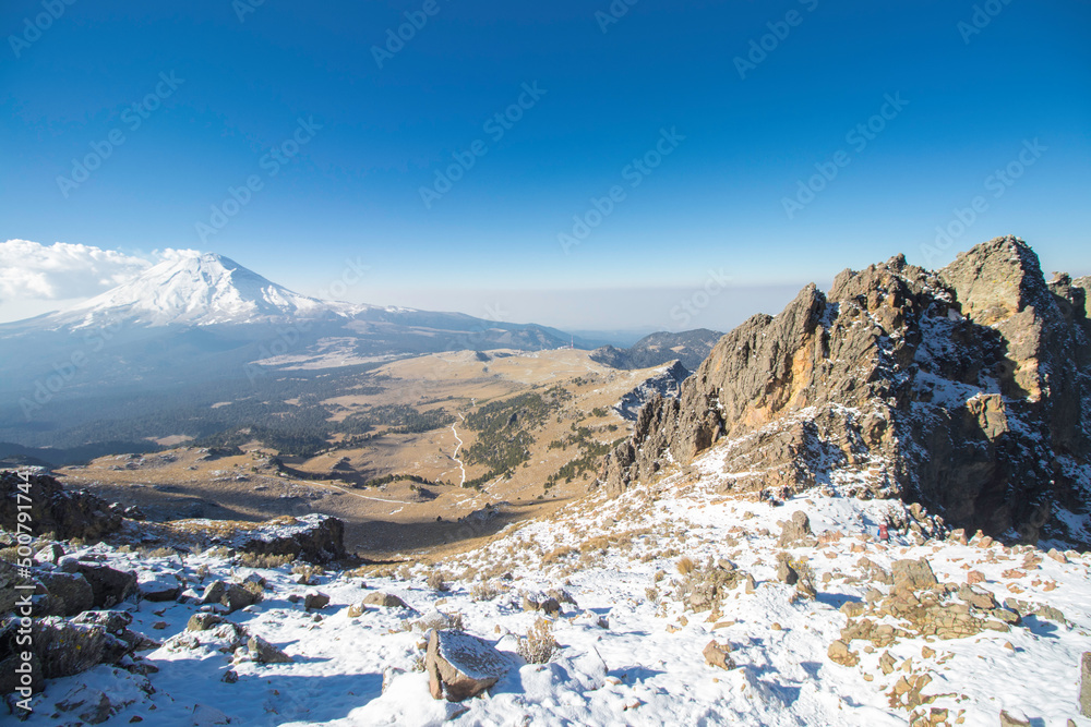 beautiful landscape full of snow and rocks with an active volcano in the background in the mountains of Mexico