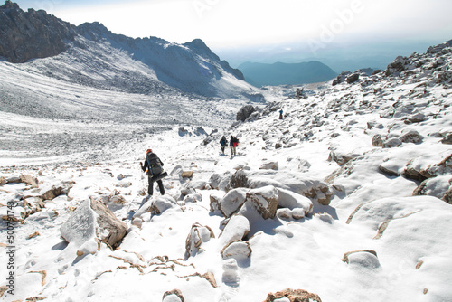 group of mountaineers walking in the middle of a landscape full of snow in the mountains of Mexico photo