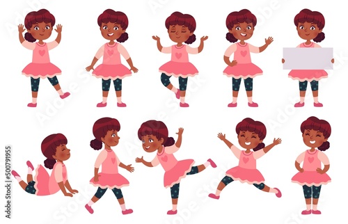 Cartoon african american girl character poses, gestures and expressions. Casual kindergarten kid actions. Female child standing, playing, crying, thinking and jumping vector set